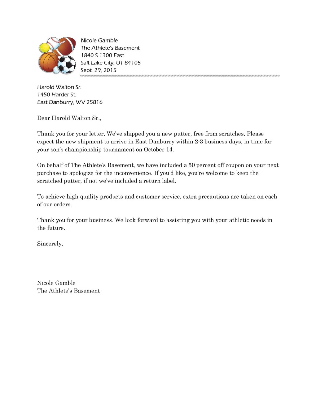 Adjustment Letter - The Athlete's Basement